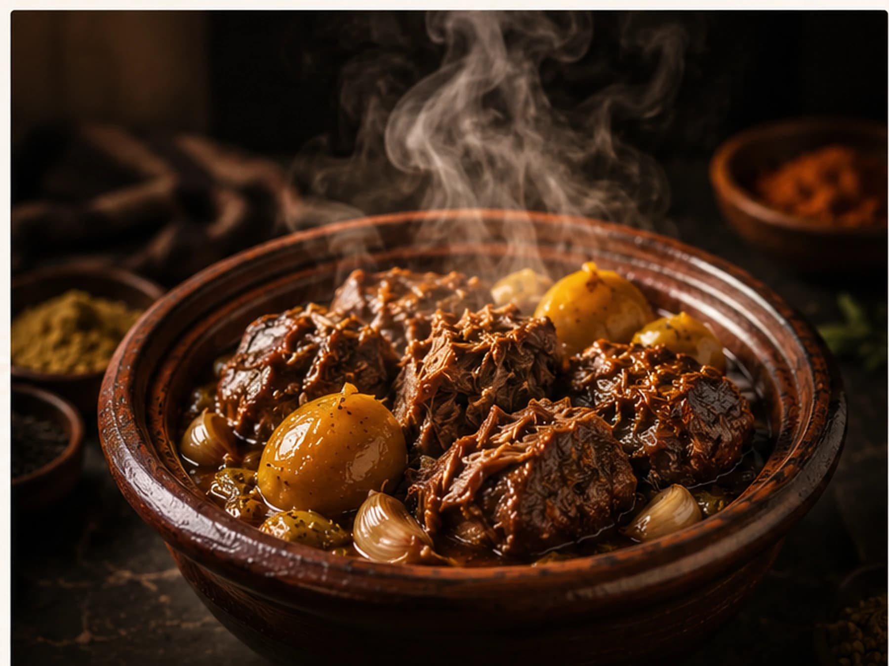 Tanjia marrakchia ouverte avec viande fondante, citron confit, ail et épices